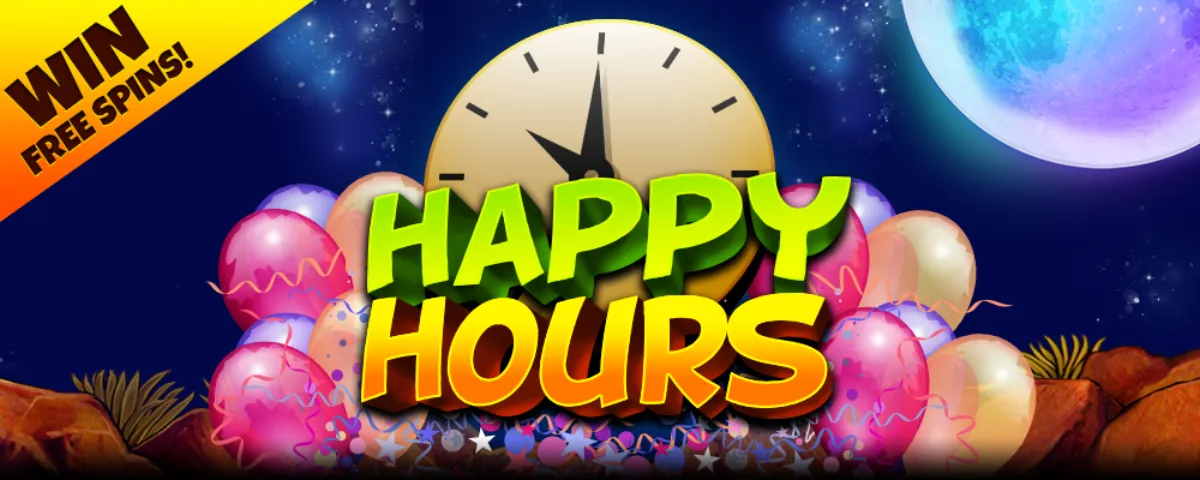 Happy Hours promotion banner with bonus free spins